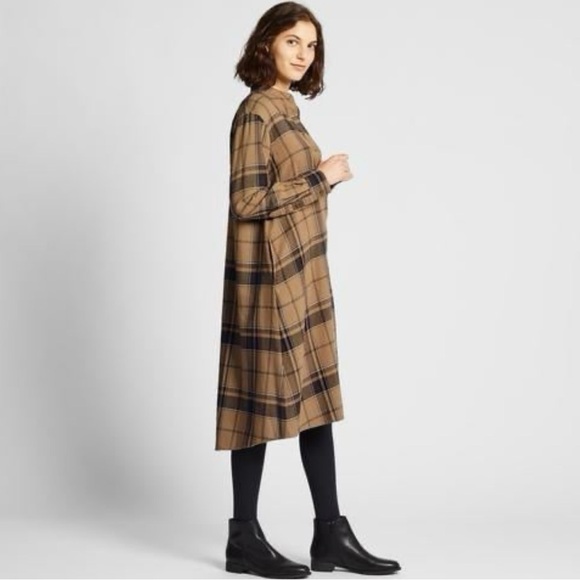 NWOT UNIQLO Midi Soft Flannel Tan Check Long-Sleeve Flare Dress S - Picture 2 of 11